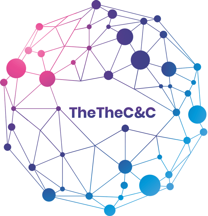크고 작은 원과 원이 선으로 연결된 thethe C&C란 문구가 중앙에 들어간 구체 thethe C&C를 표현하기 위한 이미지